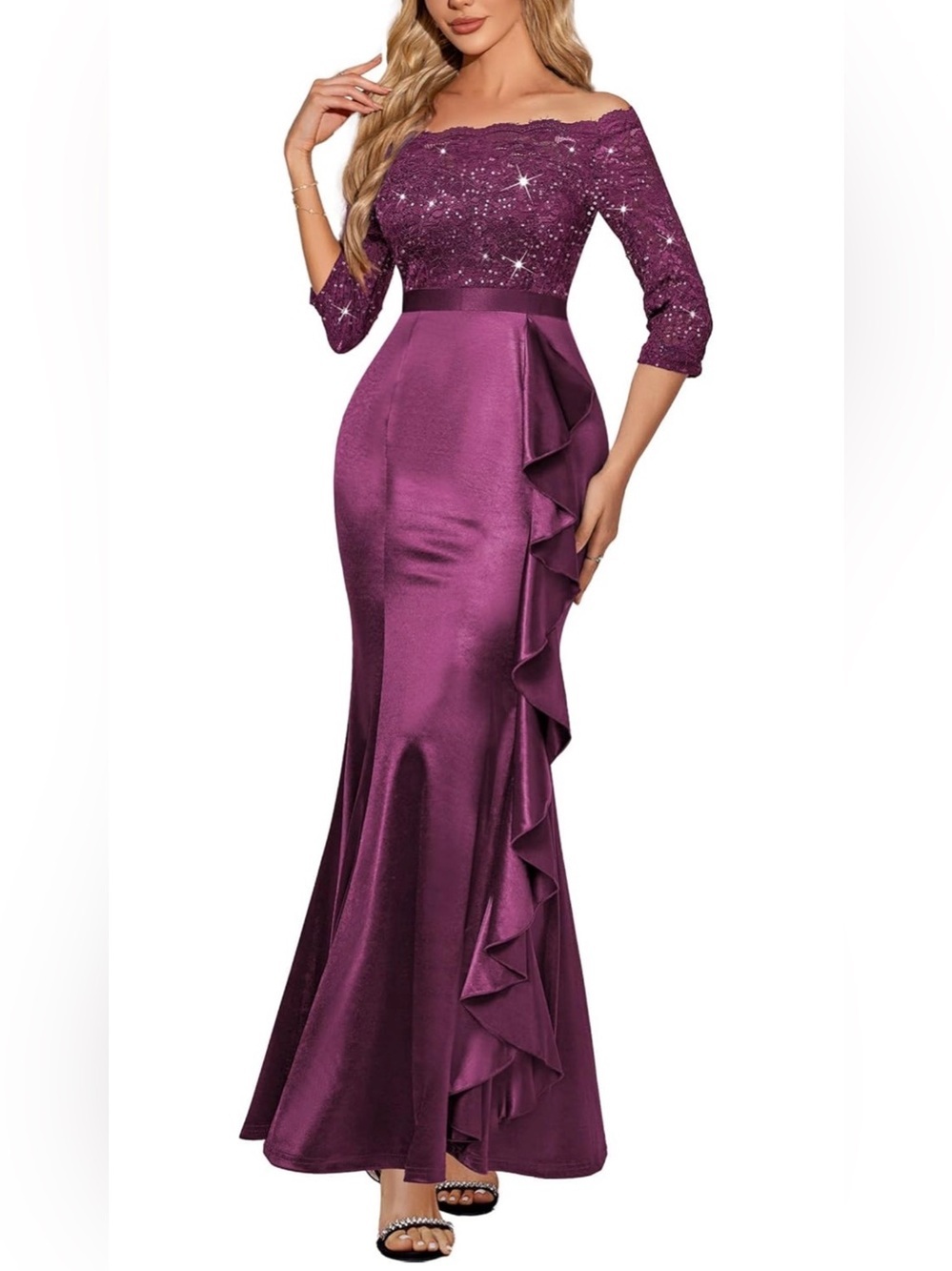 MISSMAY Women's Maroon Floral Lace Sequins Ruffle Evening Maxi Dress S ( 4-6)
